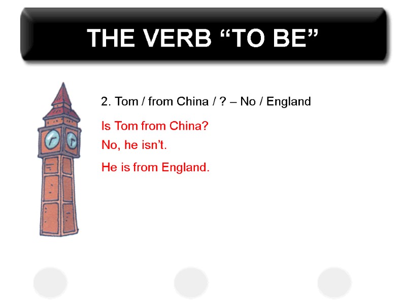 THE VERB “TO BE” 2. Tom / from China / ? – No /